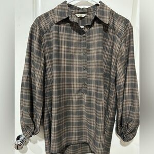 Max Studio Women's Popover Top Size Small Brown Plaid Rayon 3/4 Sleeve Relaxed